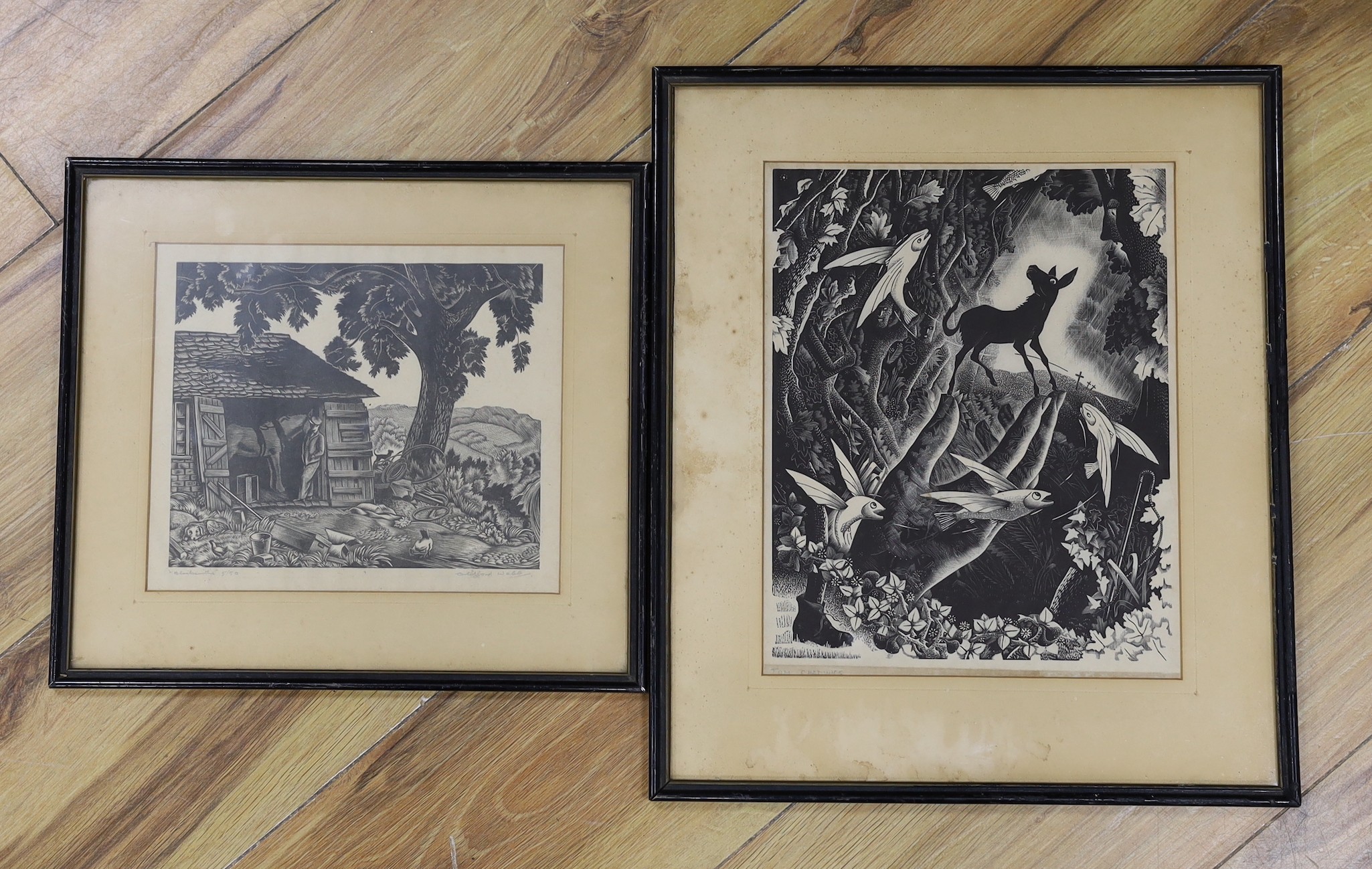 Clifford Webb RBA, RE (1895-1972) and Tom Chadwick (1914-1942), two wood engravings, 'Blacksmiths', 5/50 and 'When Fish Flew and Forests Walked', both signed in pencil, 18 x 21cm and 26.5 x 21cm